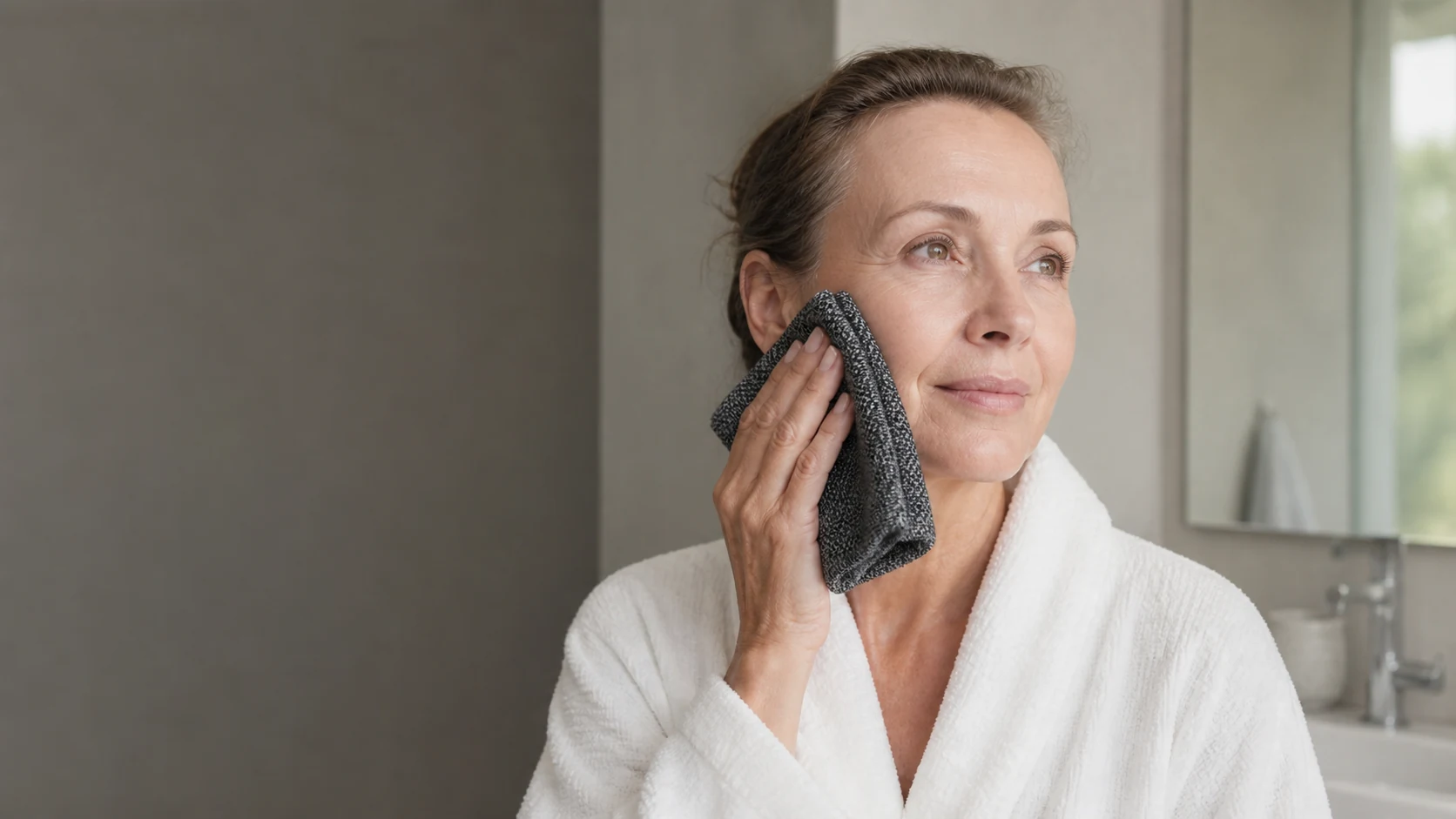 Kobieta delikatnie przykłada Kōji Face Towel do policzka