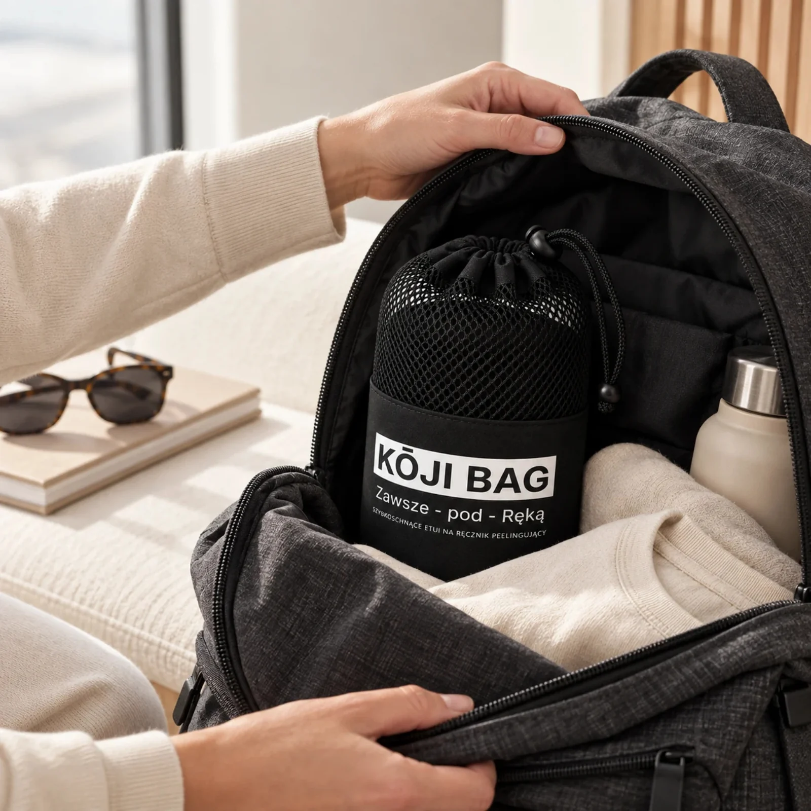 Kōji Bag z ręcznikiem w otwartym plecaku przy rzeczach na wyjazd