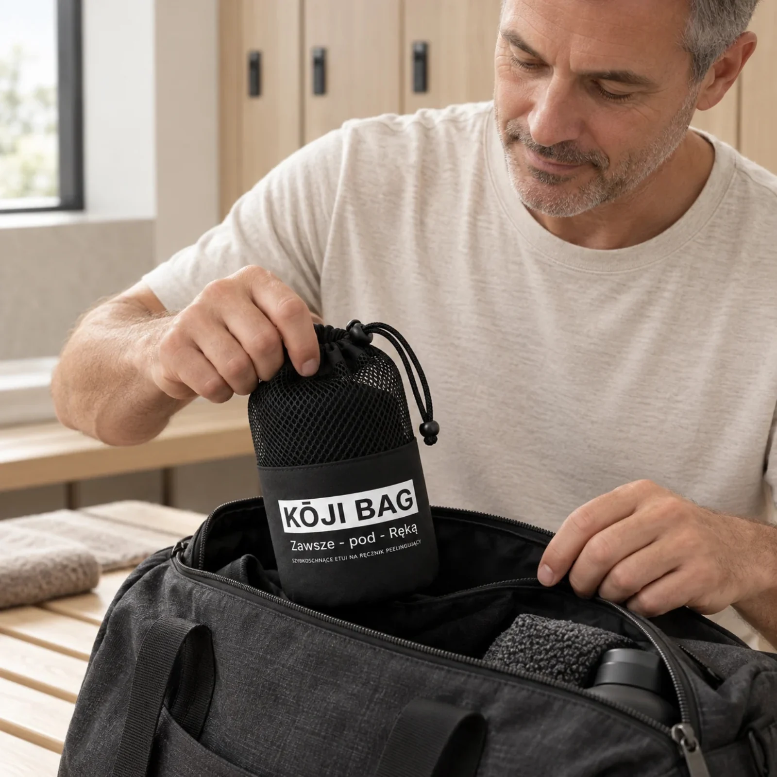 Mężczyzna pakuje etui Kōji Bag do torby sportowej w szatni