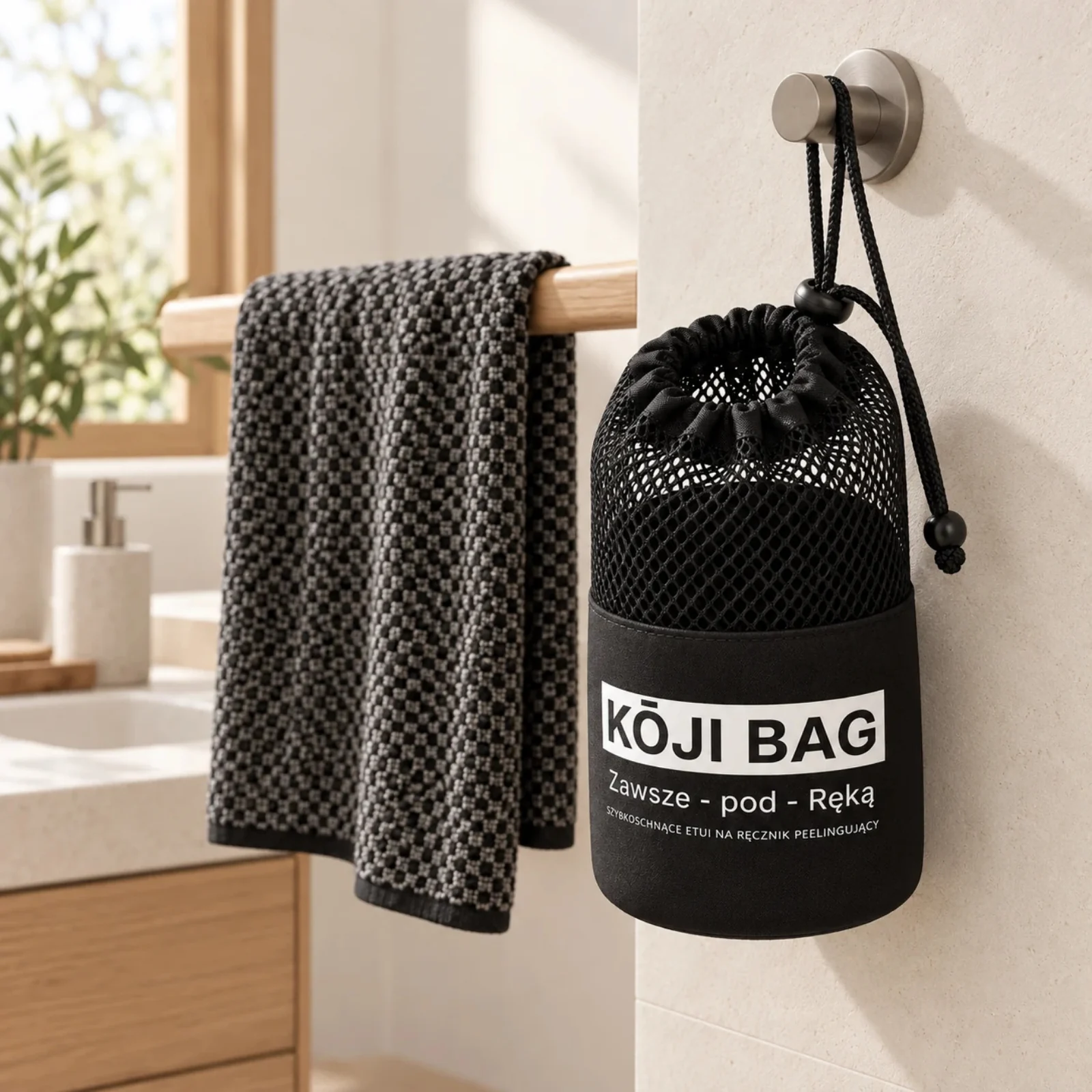 Ręcznik rozwieszony do wyschnięcia osobno obok etui Kōji Bag