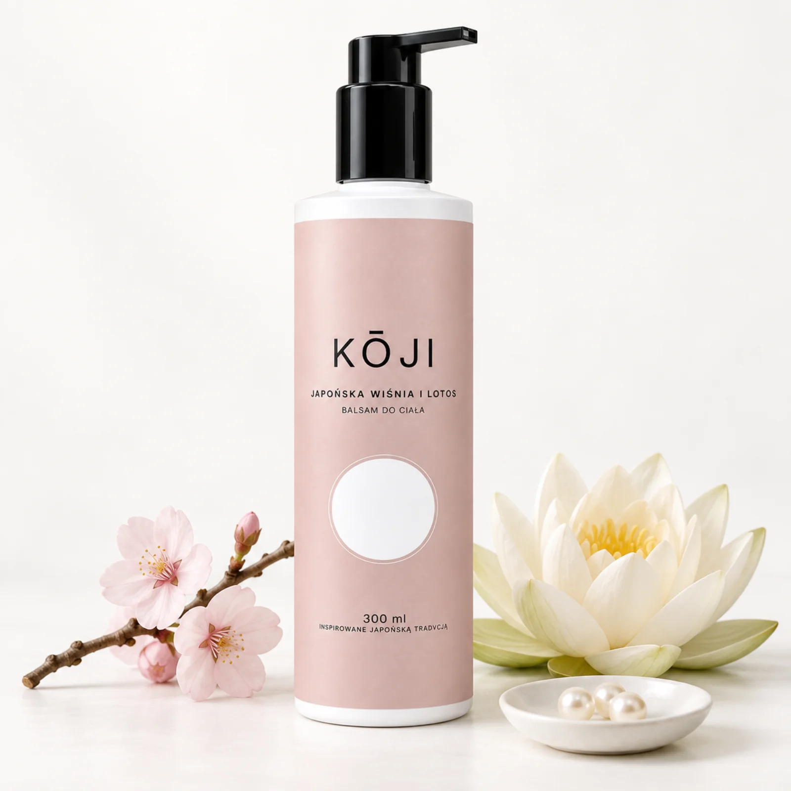 Balsam Kōji obok kwiatu japońskiej wiśni, lotosu i pereł