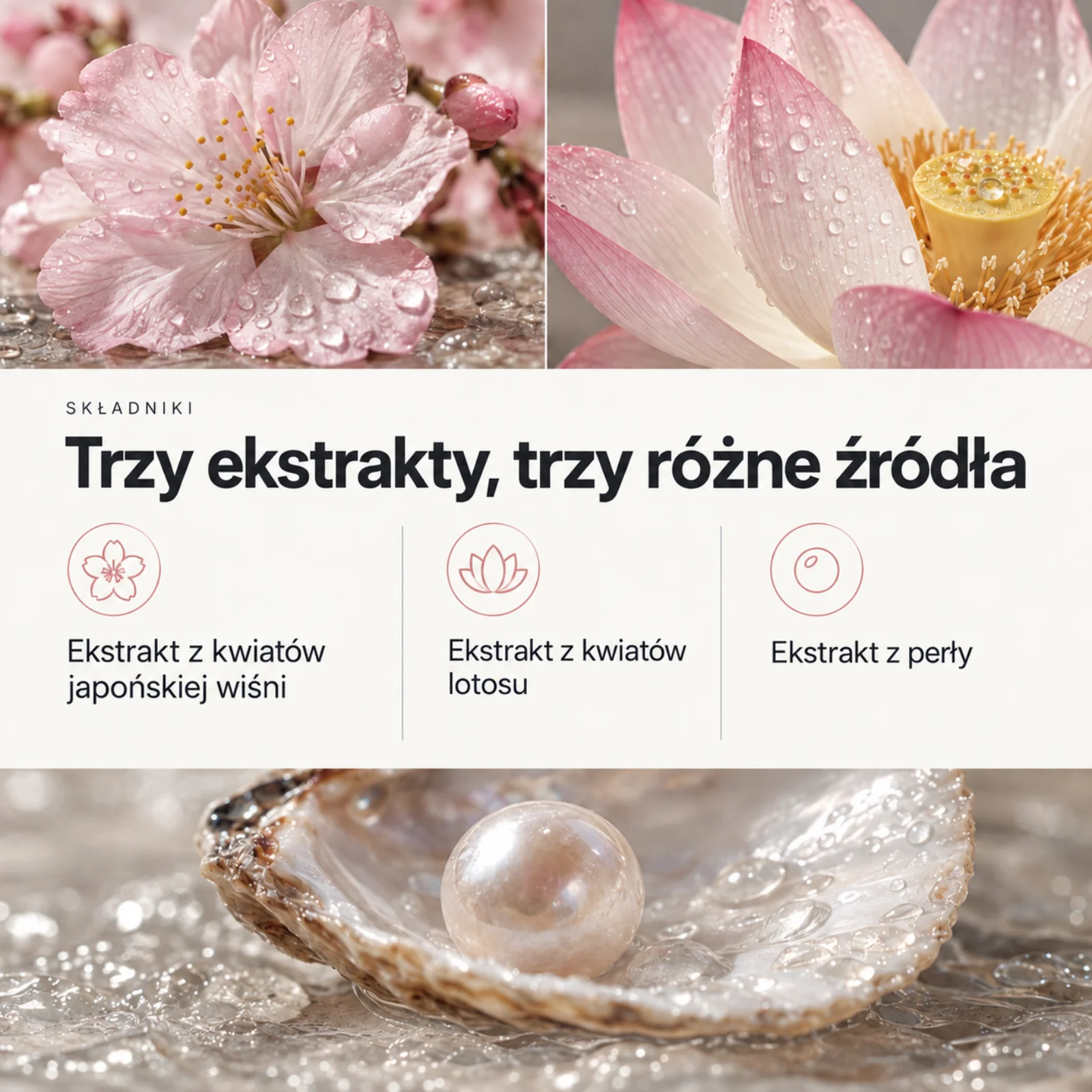 Trzy ekstrakty żelu Kōji: kwiat japońskiej wiśni, kwiat lotosu i perły
