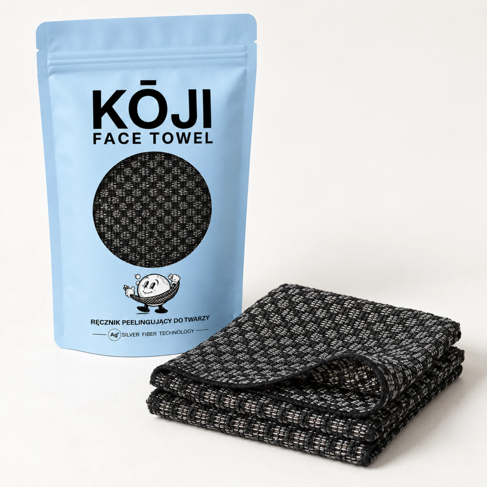 Kōji Face Towel z niebieskim opakowaniem