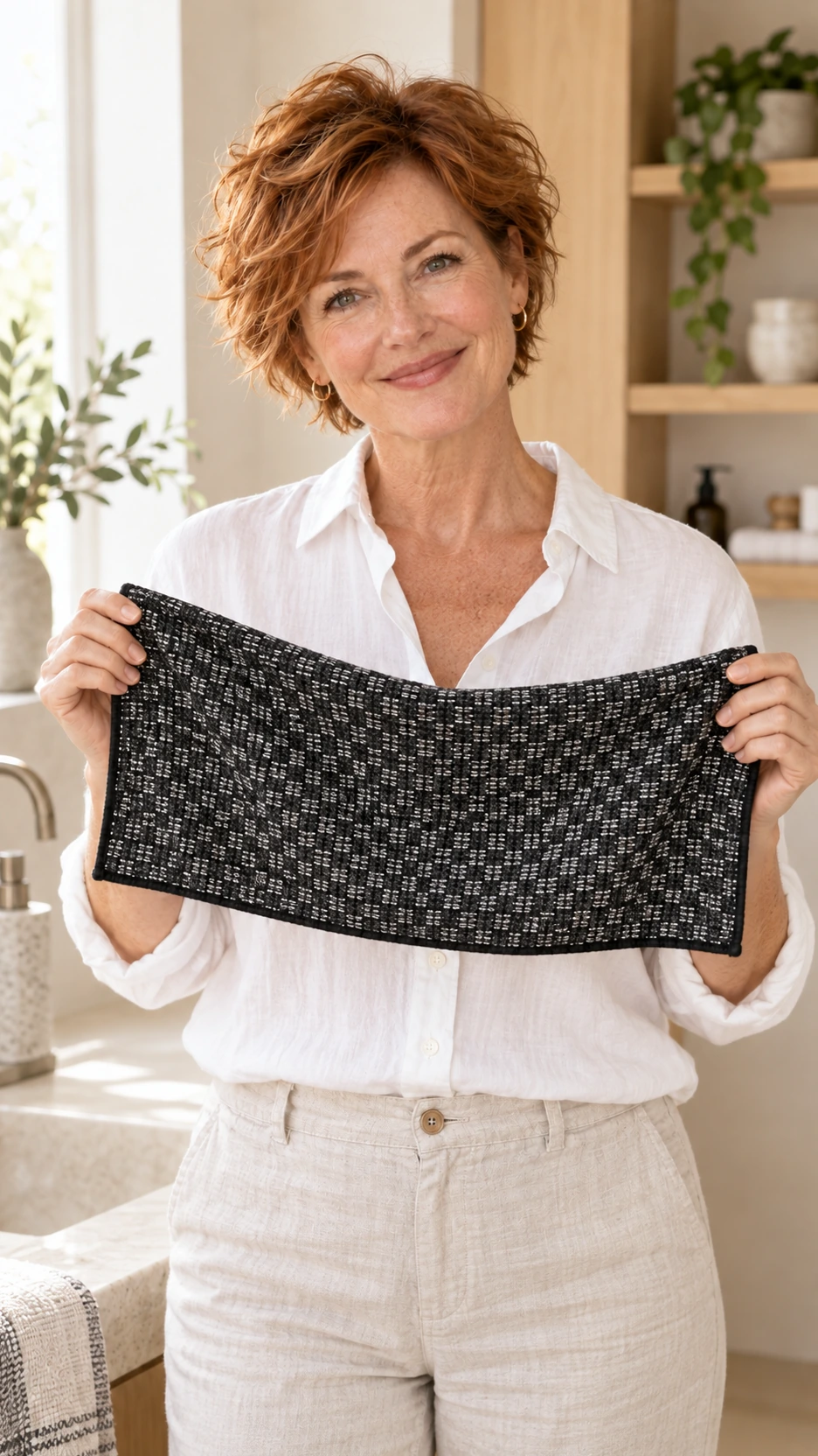 Kobieta trzyma rozłożony Kōji Face Towel w dłoniach