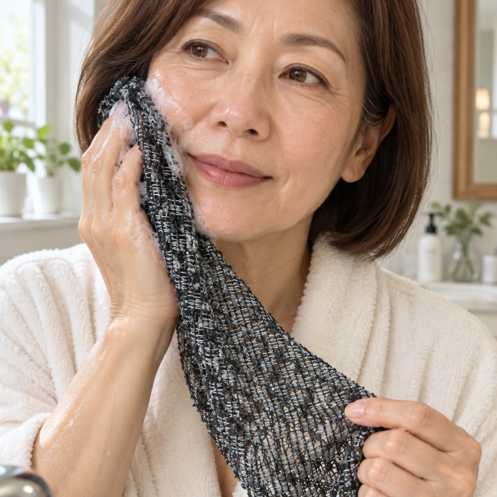 Kobieta w białym szlafroku myje twarz ręcznikiem Kōji Face Towel