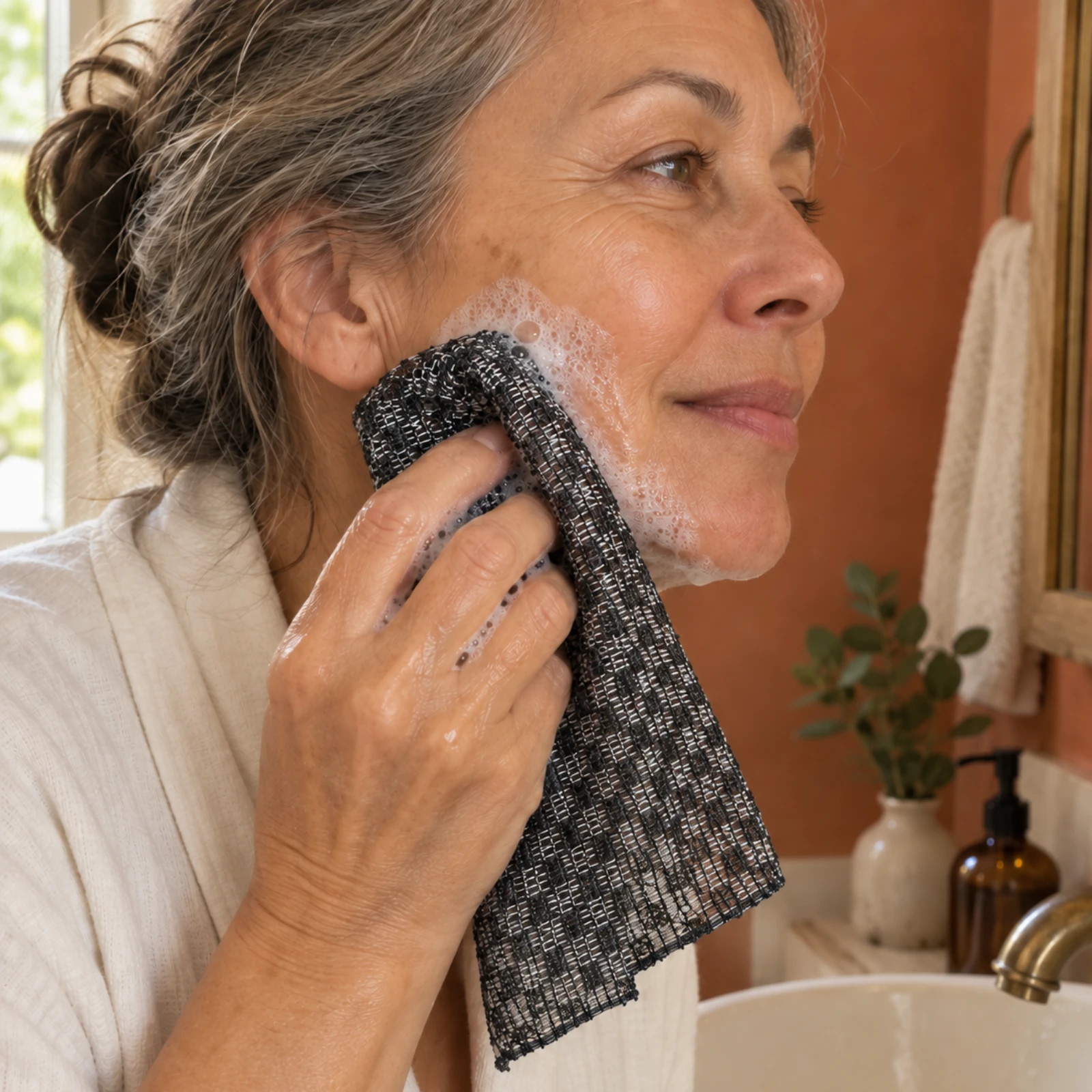 Mycie policzka spienionym Kōji Face Towel