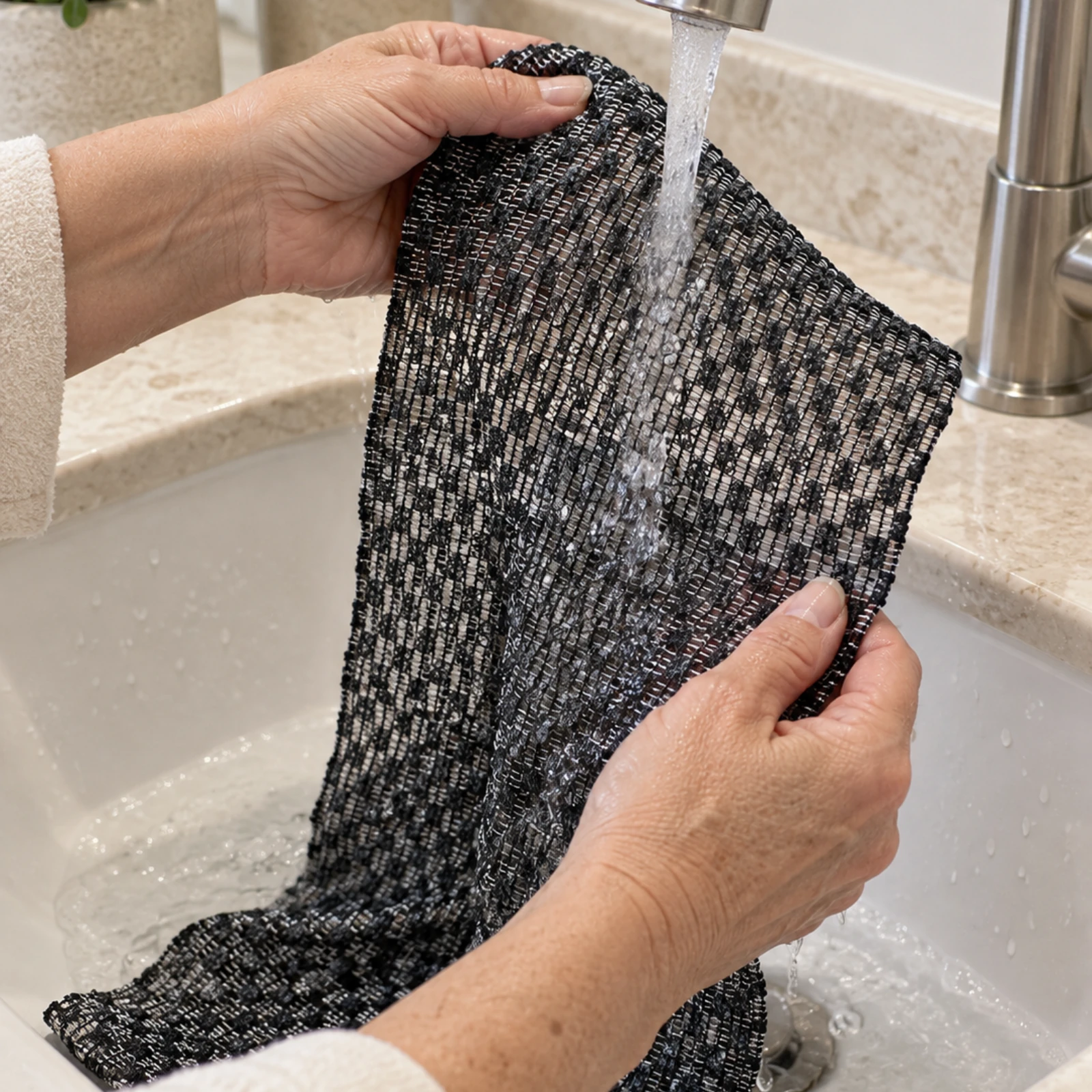 Wypłukiwanie rozłożonego Kōji Face Towel po użyciu