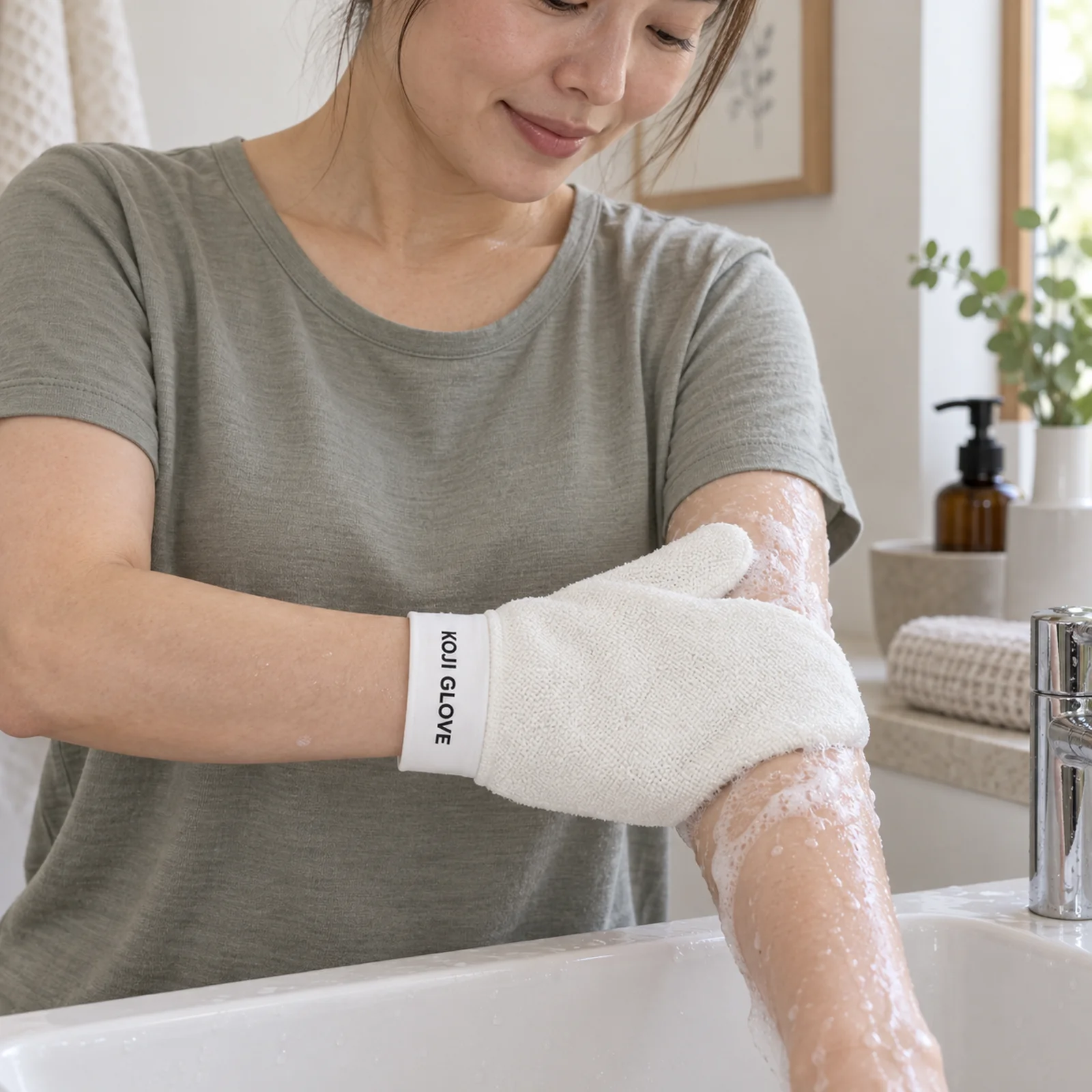 Kobieta myje przedramię rękawicą Kōji Glove z pianą przy umywalce