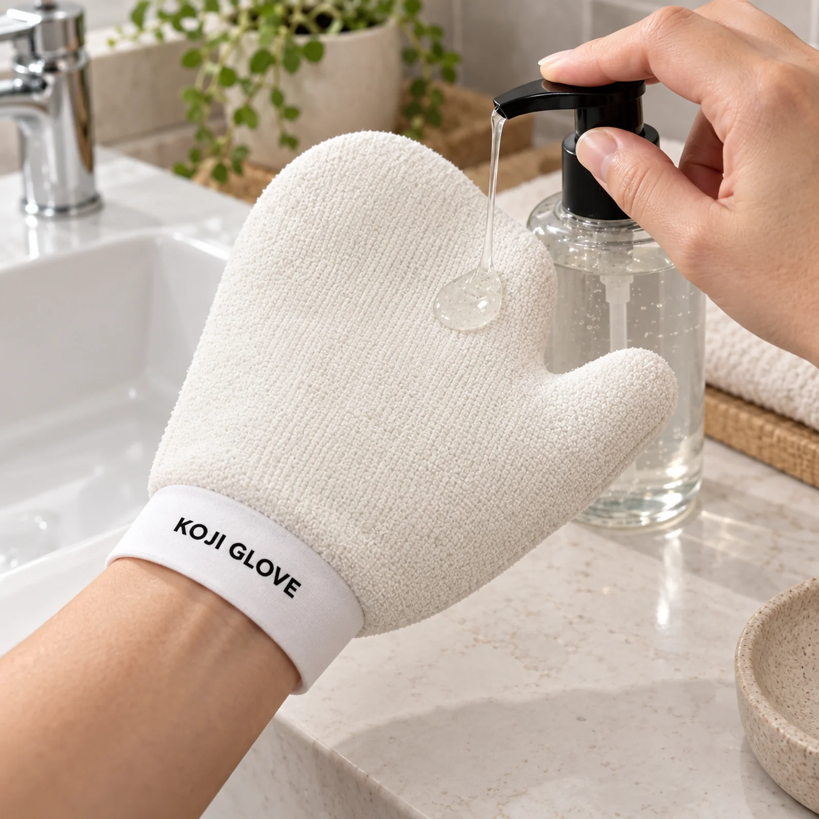 Nakładanie żelu z dozownika na rękawicę Kōji Glove założoną na dłoń