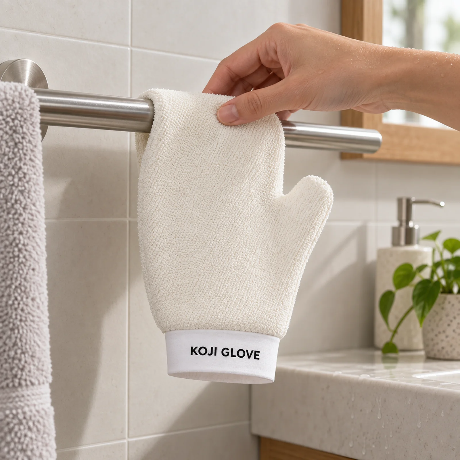 Rozwieszanie Kōji Glove na łazienkowym drążku do wyschnięcia
