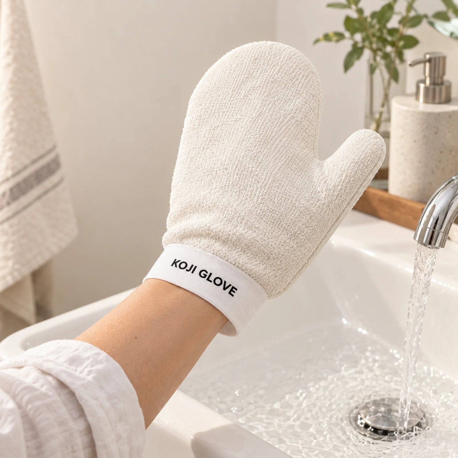 Biała Kōji Glove założona na dłoń przy umywalce