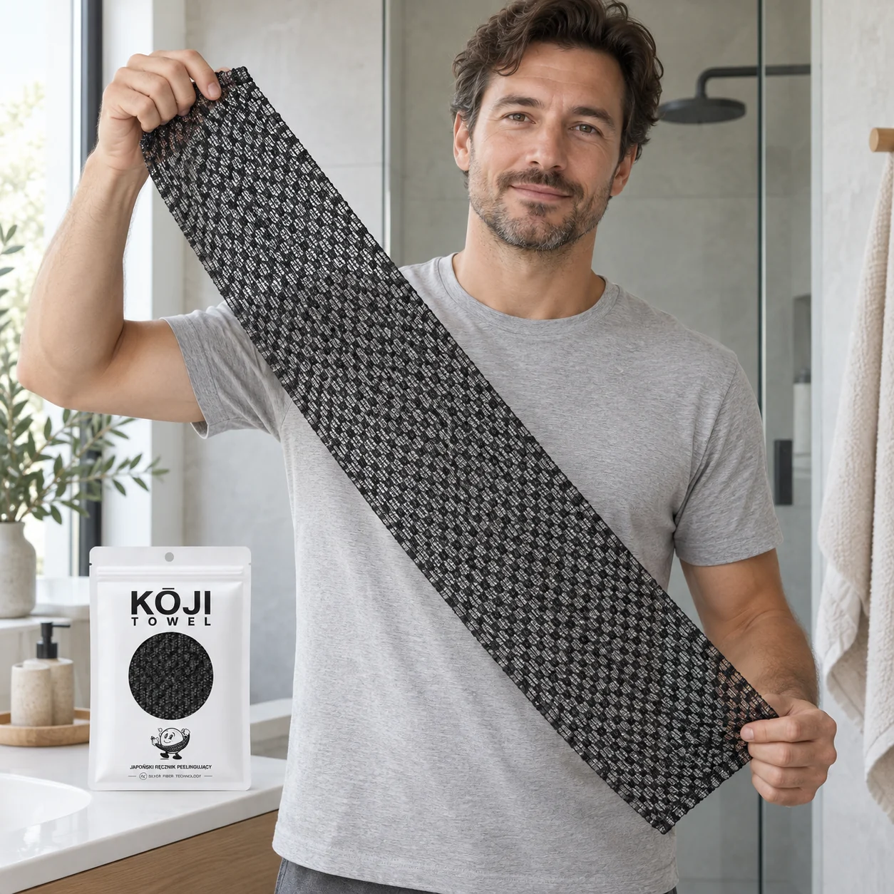 Mężczyzna prezentujący rozłożony Kōji Towel