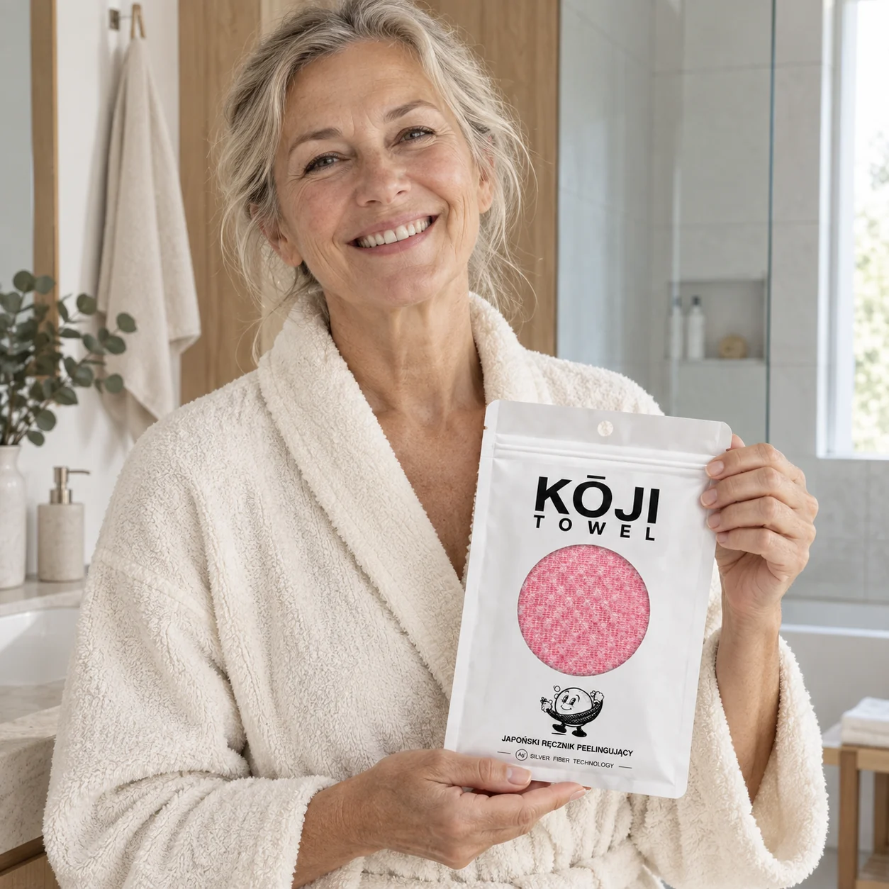 Dojrzała kobieta trzymająca opakowanie Kōji Towel