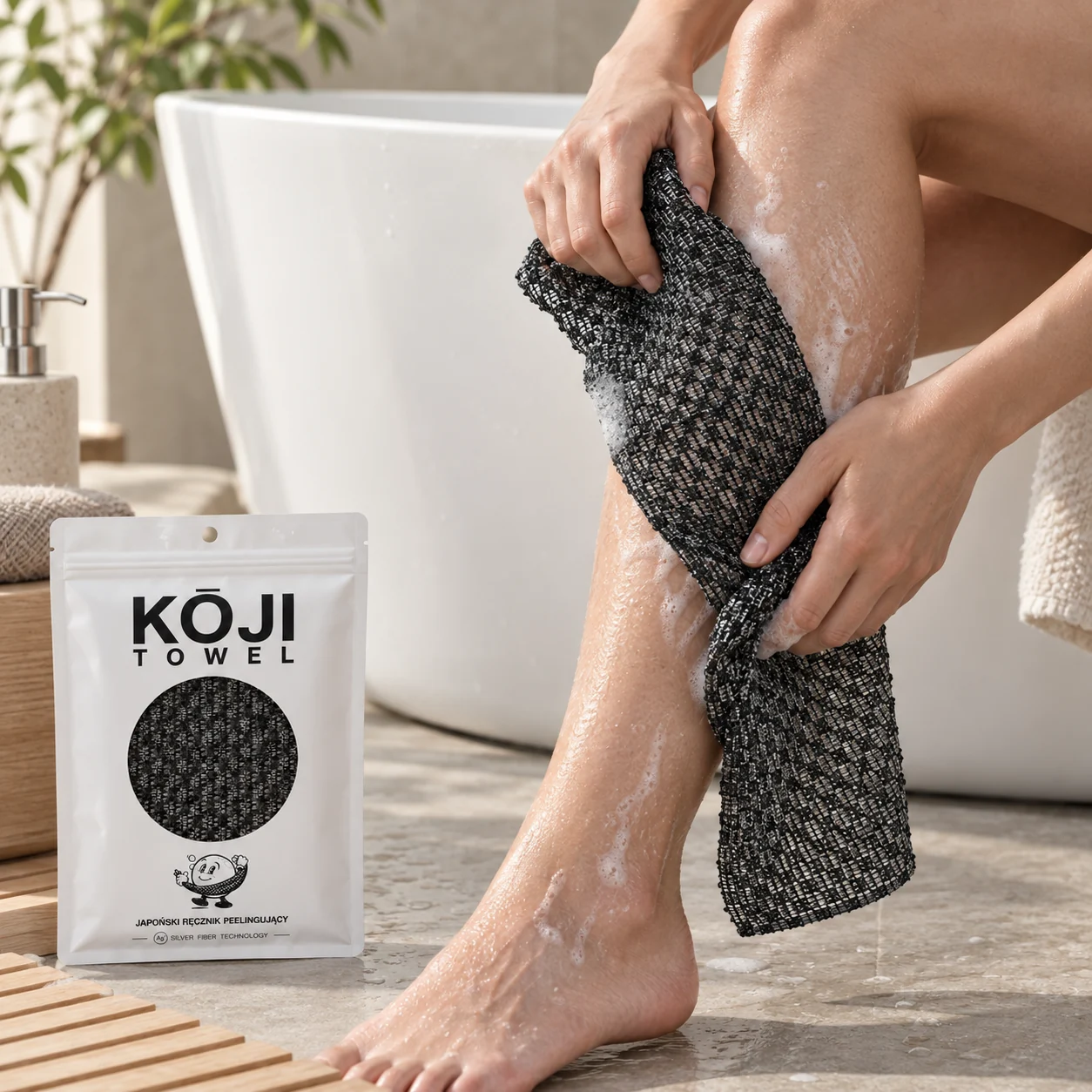 Mycie łydki ręcznikiem Kōji Towel