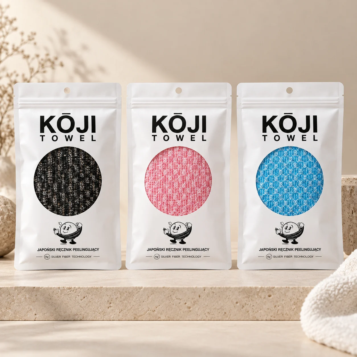 Trzy opakowania Kōji Towel w rzędzie: czarne, różowe i niebieskie