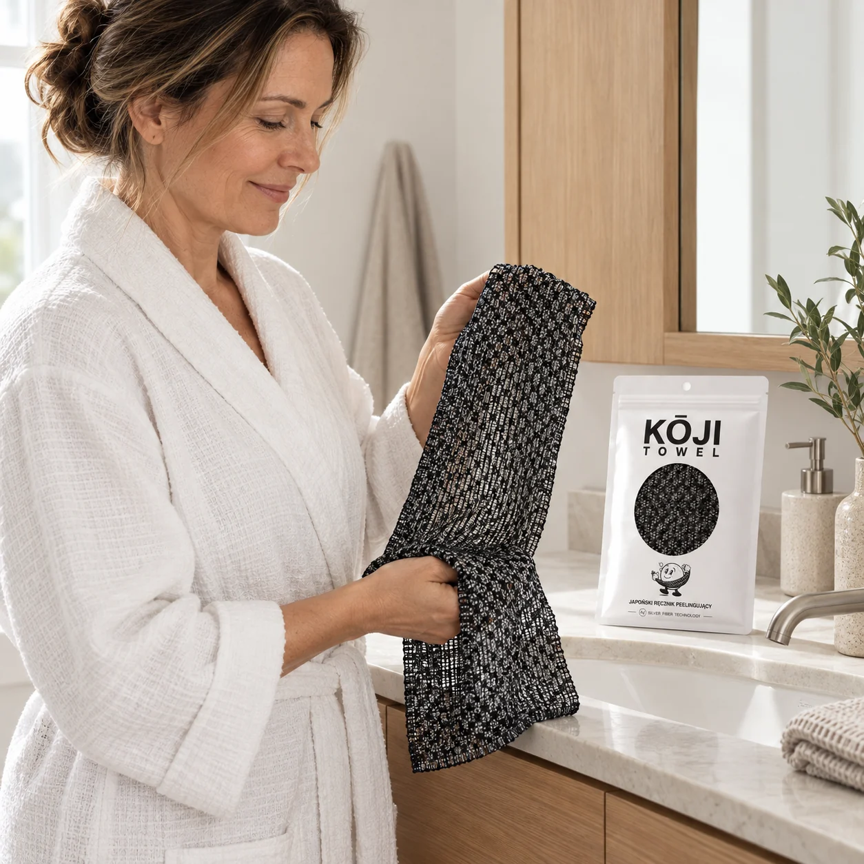 Kobieta z Kōji Towel przy umywalce