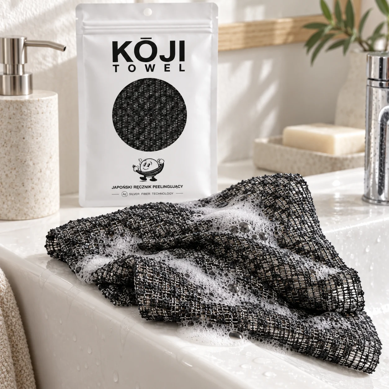 Piana na splocie Kōji Towel przy umywalce