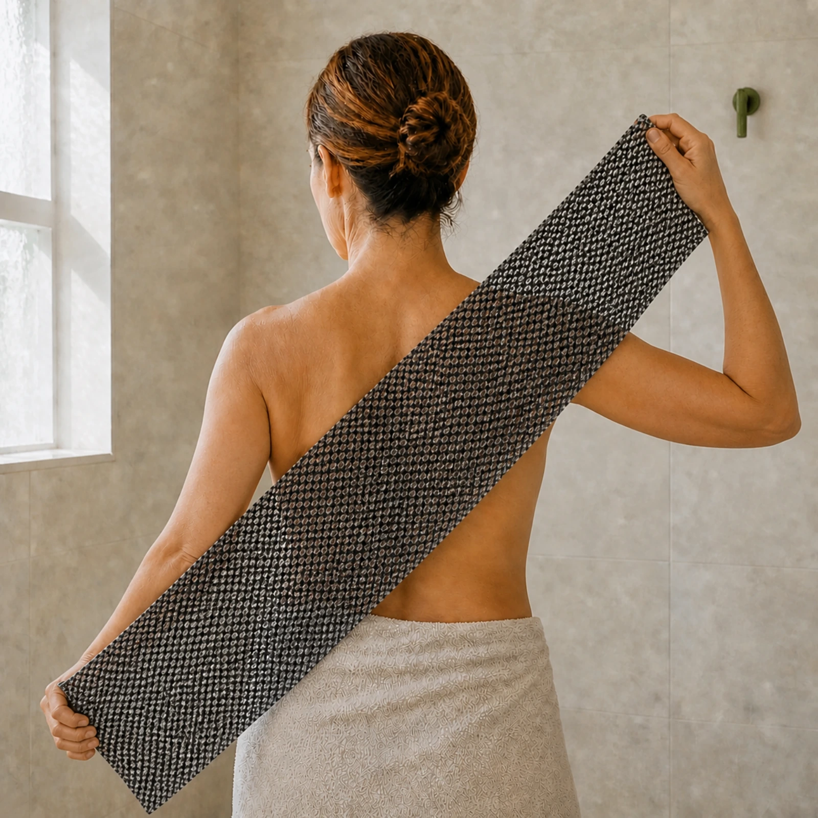 Kobieta myjąca plecy długim Kōji Towel