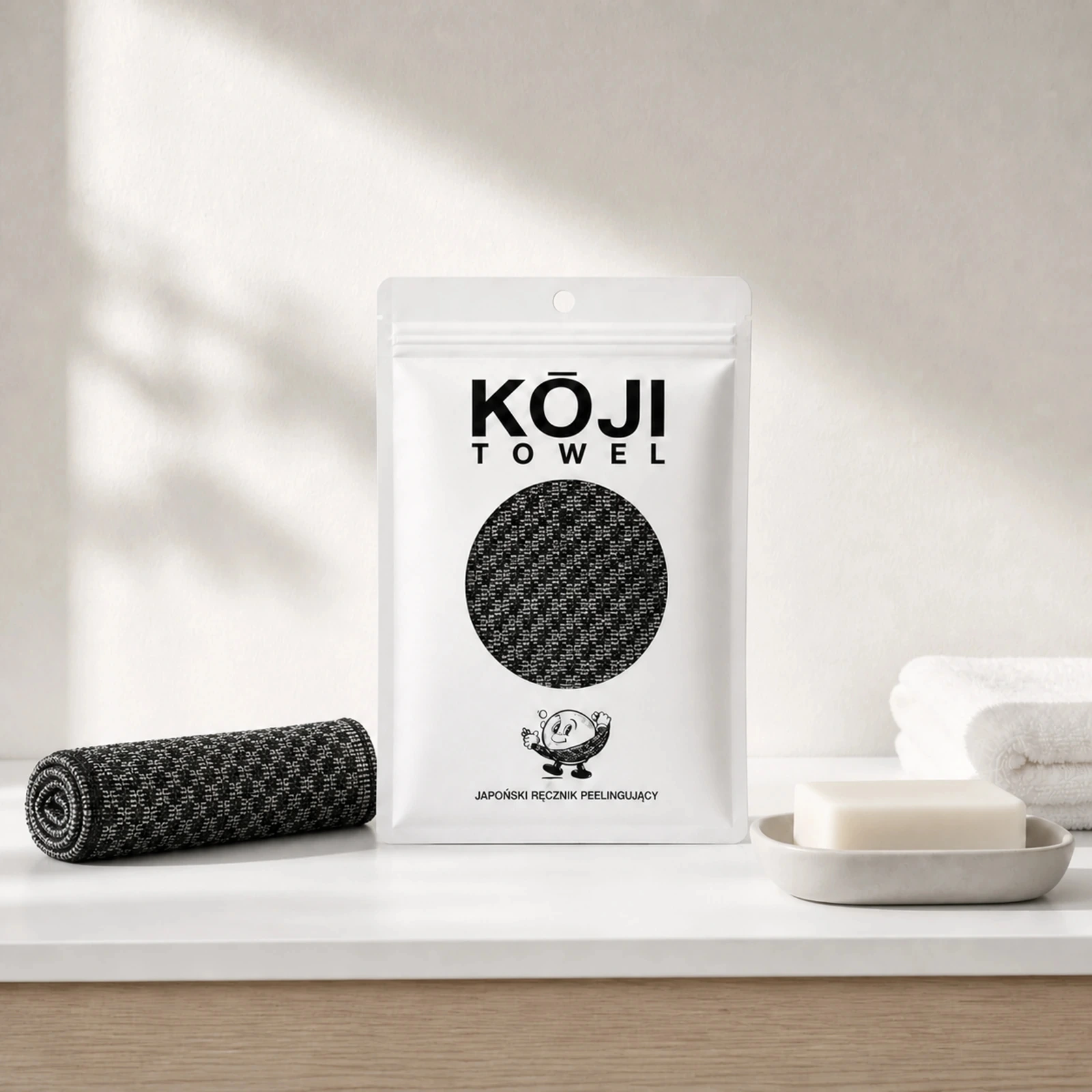 Opakowanie Kōji Towel obok zwiniętego ręcznika