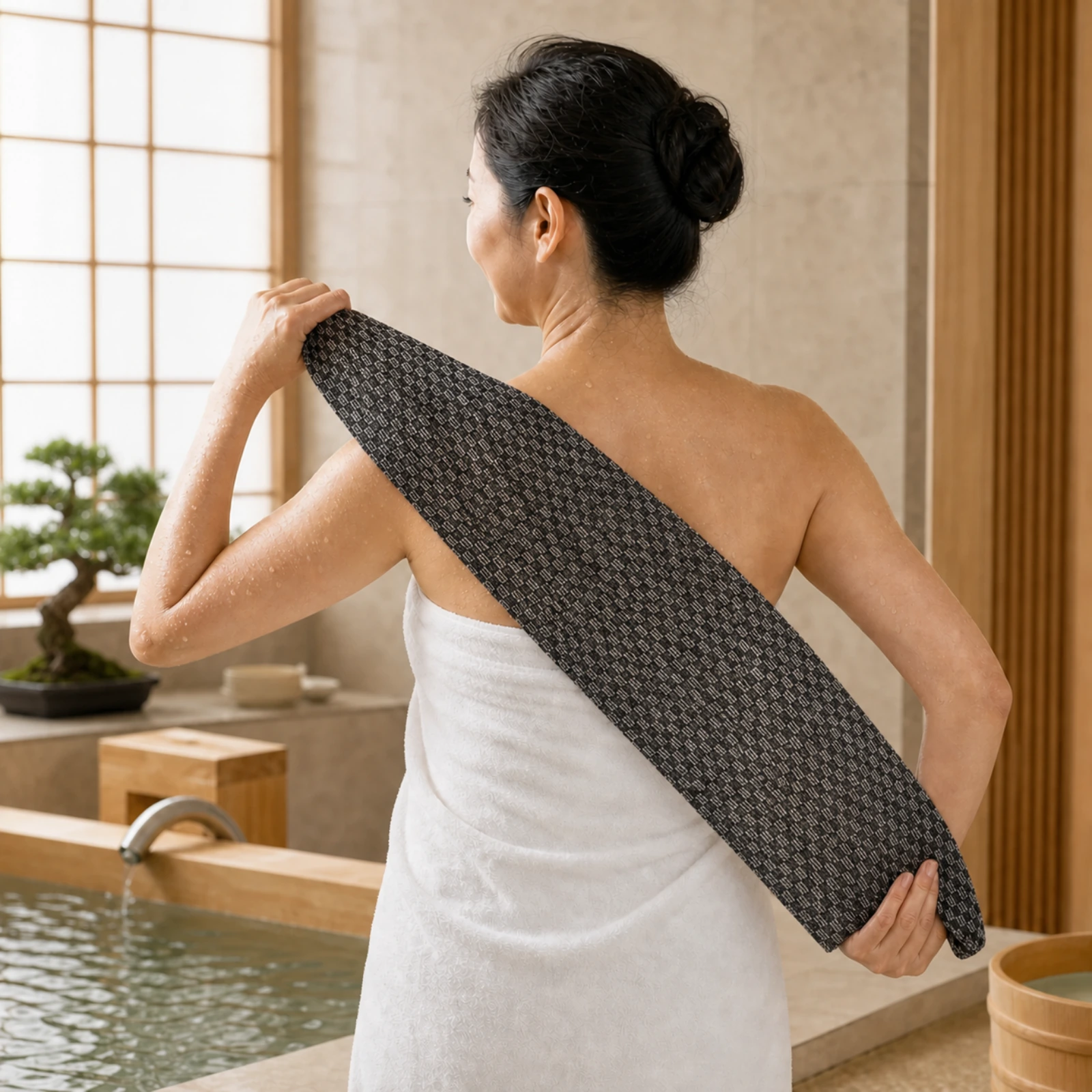 Kobieta używa długiego Kōji Towel w japońskiej łazni
