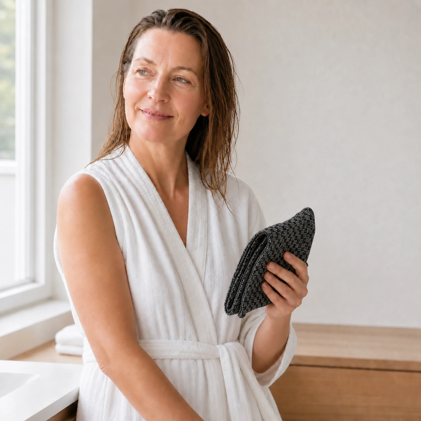 Kobieta po kąpieli trzymająca złożony Kōji Towel